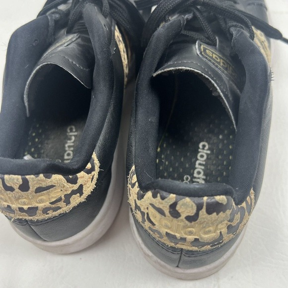 Adidas Shoes Womens 9 Black Leather Cheetah Three Stripe Sneakers Cloudfoam - Picture 8 of 11